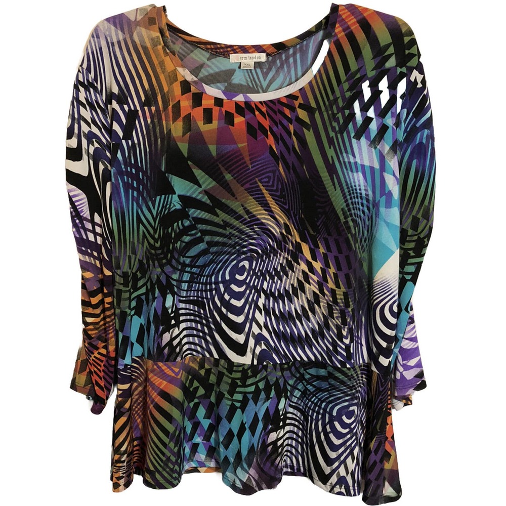 Erin London Multicolored Geometric Print Top W/Peplum Hem Rushed Sleeves XXL-251